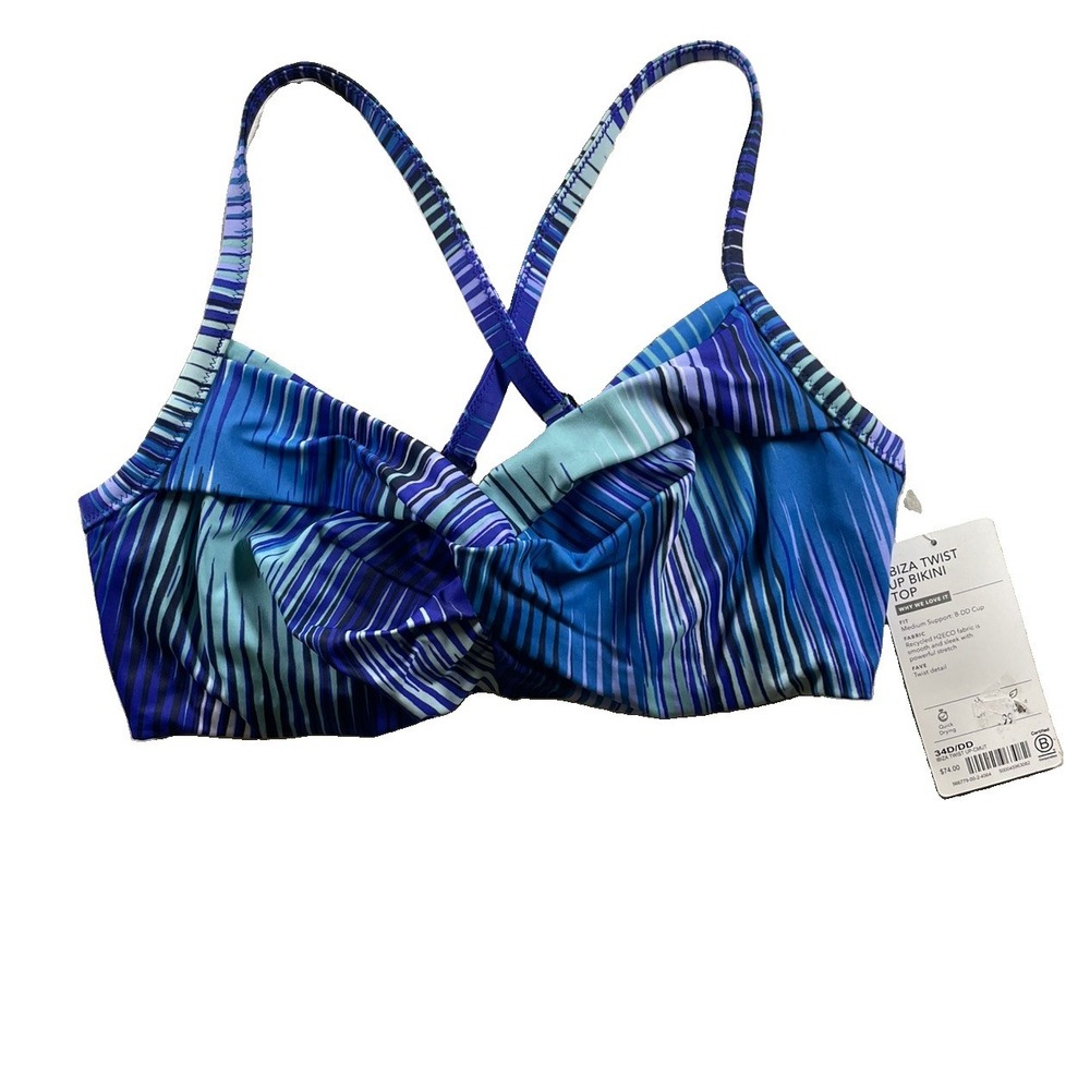 Athleta Ibiza Twist Bikini Top Size 34D/DD Blue Striped Convertible Straps